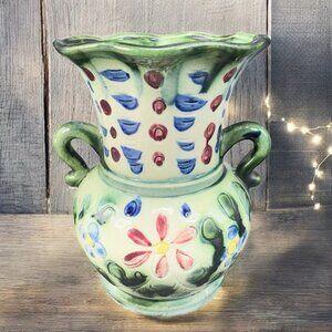 Vintage Japanese Ceramic Vase With Handles Vessel With Majolica Floral Pattern